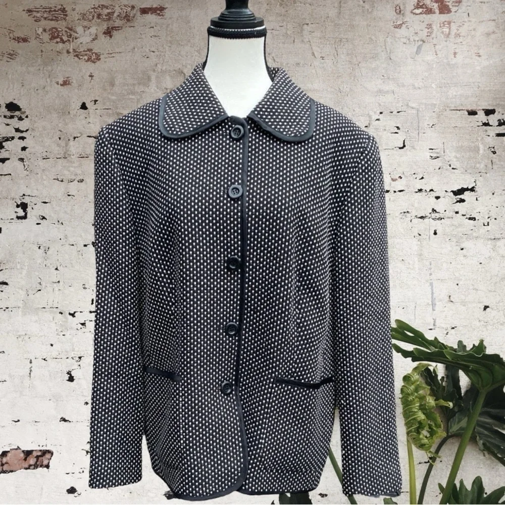 𝅺GERRY WEBER, vintage,BLACK & WHITE WOVEN PETER PAN COLLAR LINED BLAZER.SIZE 14 - Picture 7 of 11
